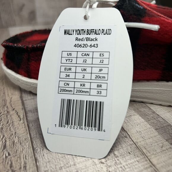 Hey Dude Wally Youth Size 2 Buffalo Plaid Slip On Loafer Sneaker Shoes Red Black - Picture 11 of 11
